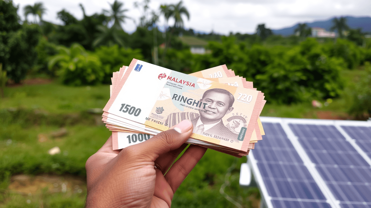 Illustration of money bag and solar panel, symbolizing financial incentives for solar