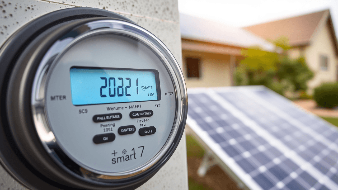 Illustration showing solar panels, a house, and the grid, with energy flowing both ways