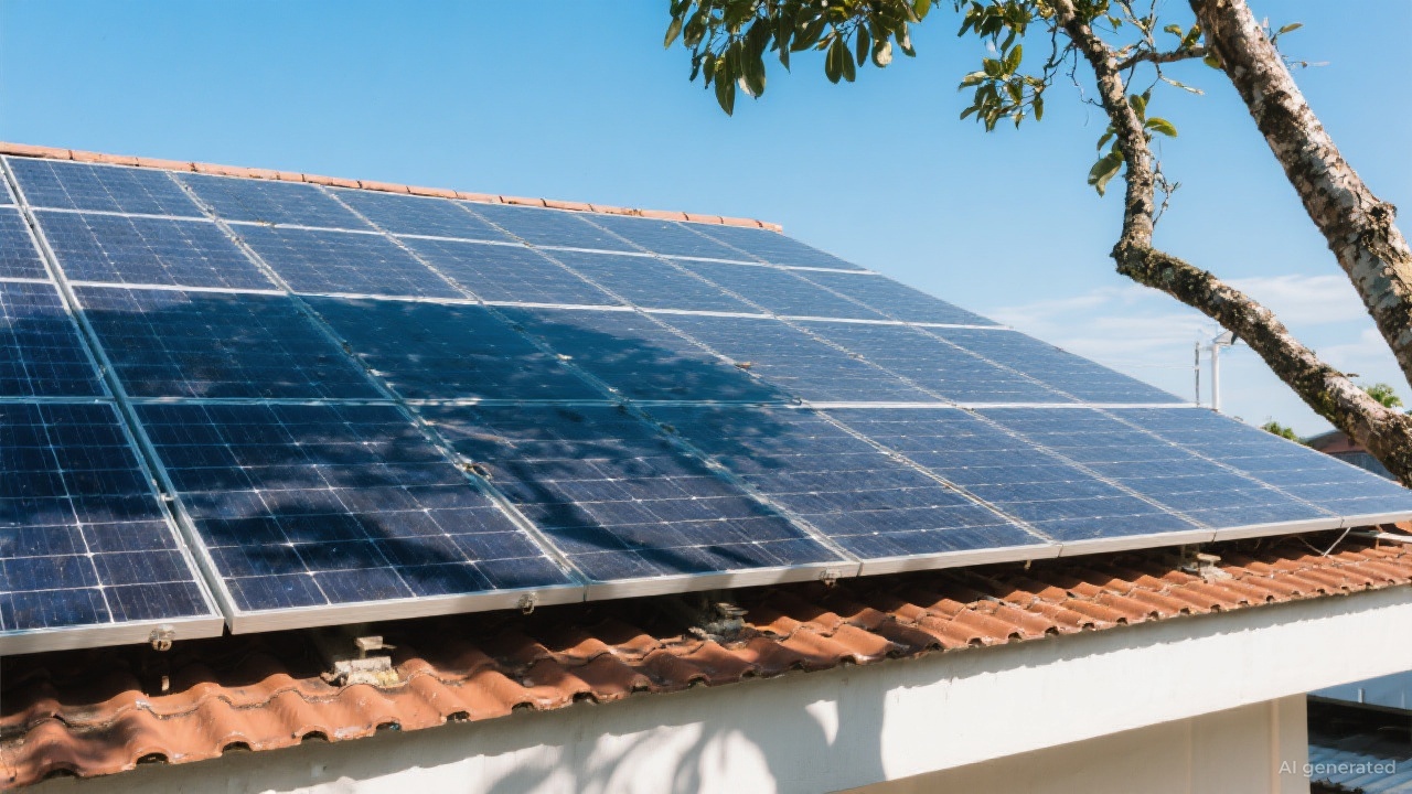 Tree branches casting a shadow over a rooftop solar panel array.