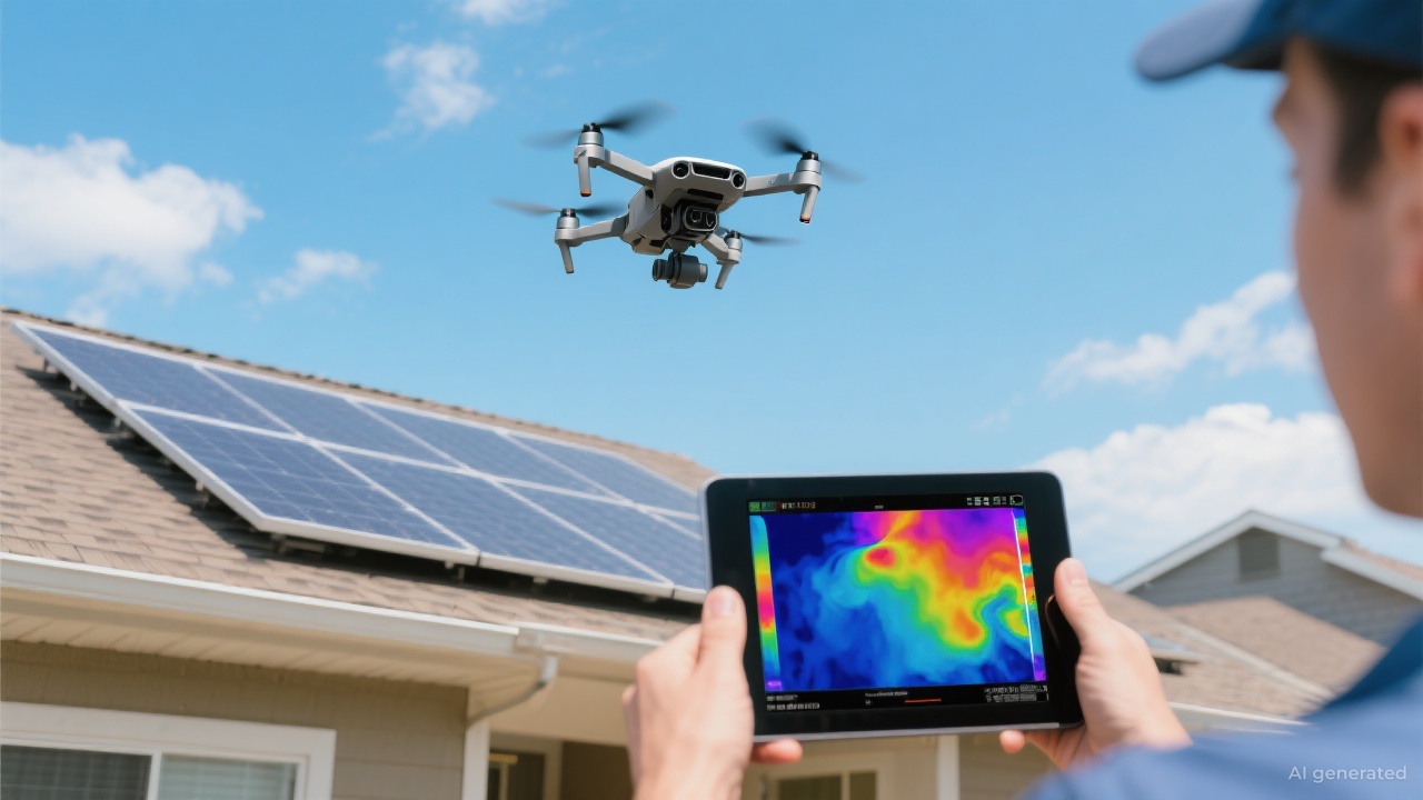 A technician using a thermal camera to inspect solar panels.