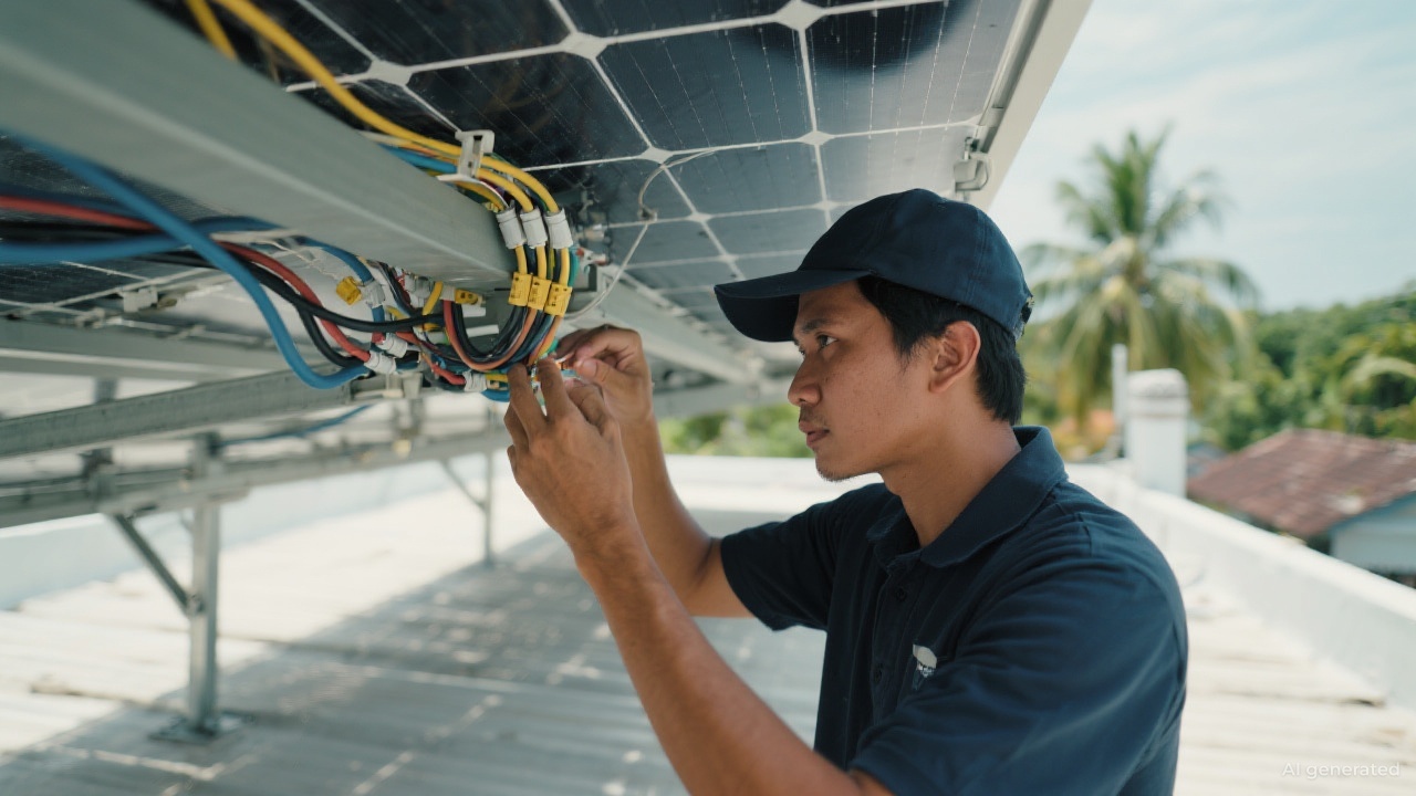 Close-up of solar panel wiring and connectors on a rooftop.
